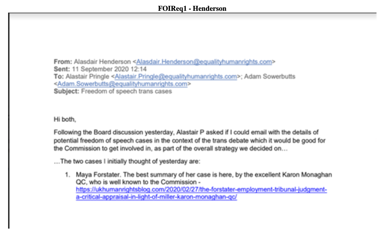 A screenshot of an email from Alasdair Henderson to Alastair Pringle and Adam Sowerbutts seeking cases they can intervene in on the basis of free speech in trans cases
